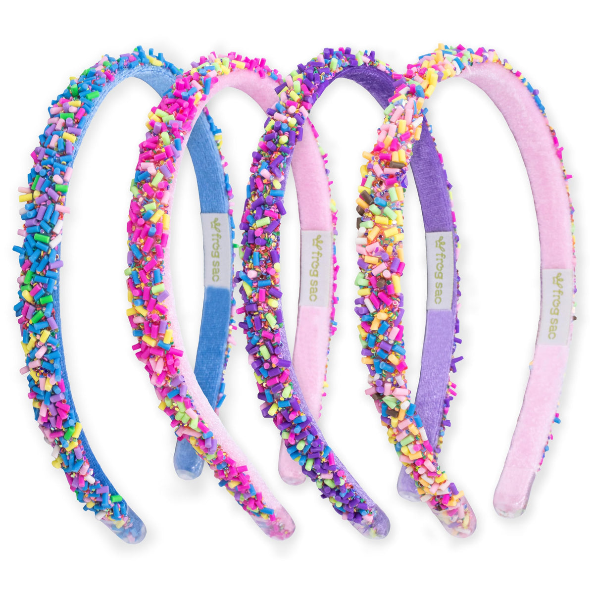 FROG SAC front view of four sequin headbands showing colors and sparkle, stylish accessory