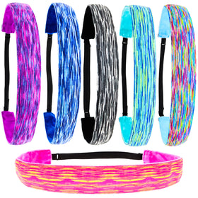 FROG SAC front view of 6-pack space dye headbands showing colors and packaging benefits