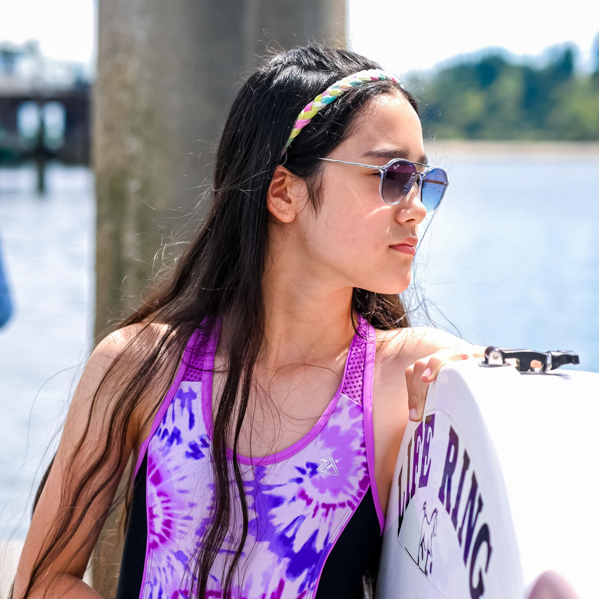 FROG SAC headband worn by teen outdoors adding color and keeping hair tidy