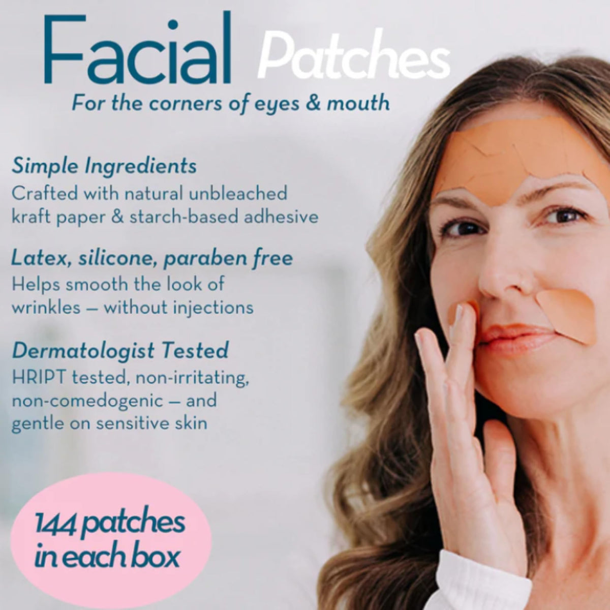 Frownies patch on mouth corner illustrating softened smile lines