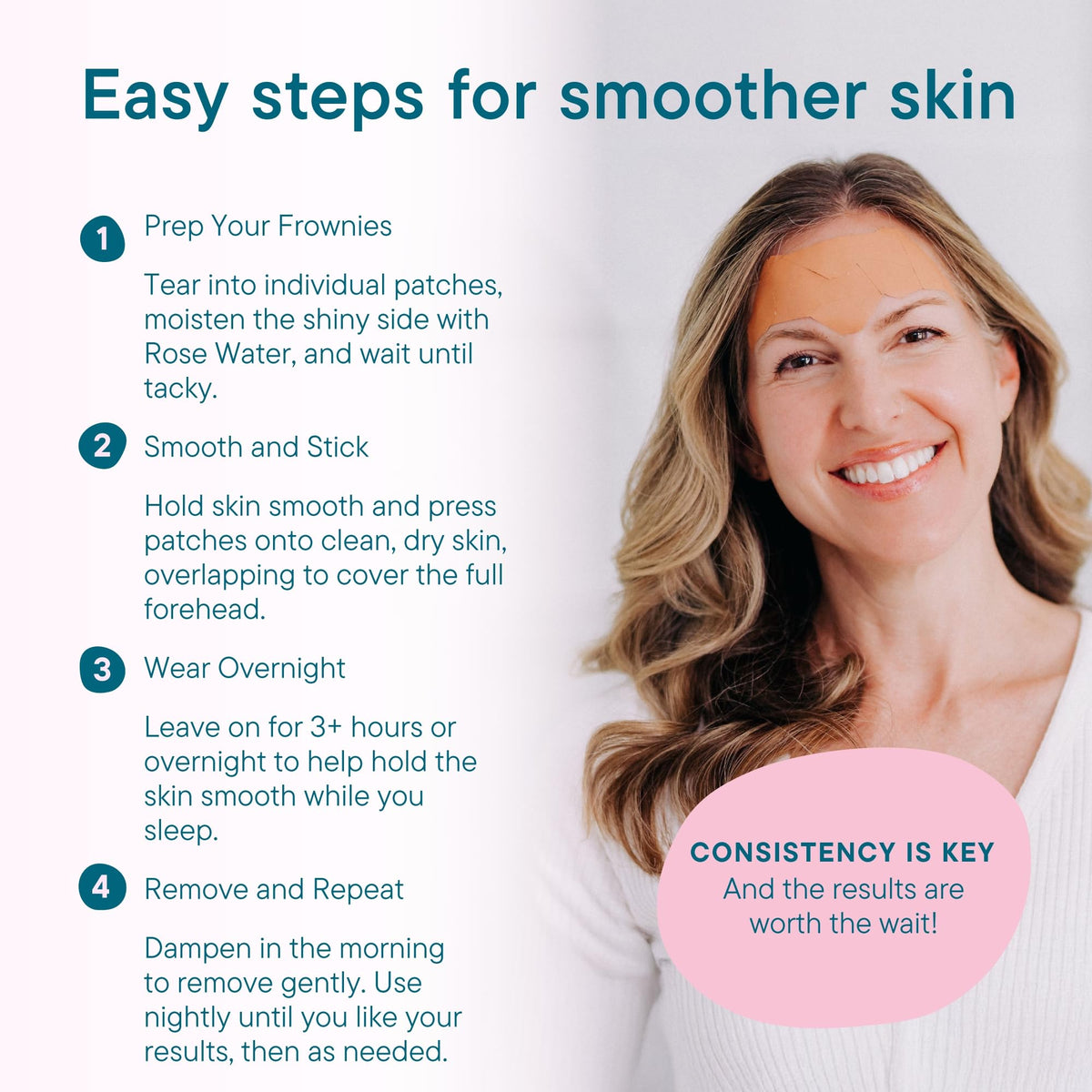 Frownies application on forehead demonstrating smoothing benefit