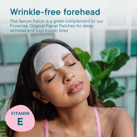 Frownies patch applied to forehead demonstrating targeted hydration and smoothing benefit