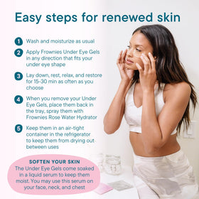 Frownies under-eye gels applied on model showing cooling refresh benefit
