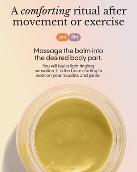 FRØYA balm being massaged into shoulder offering targeted soothing during self-care