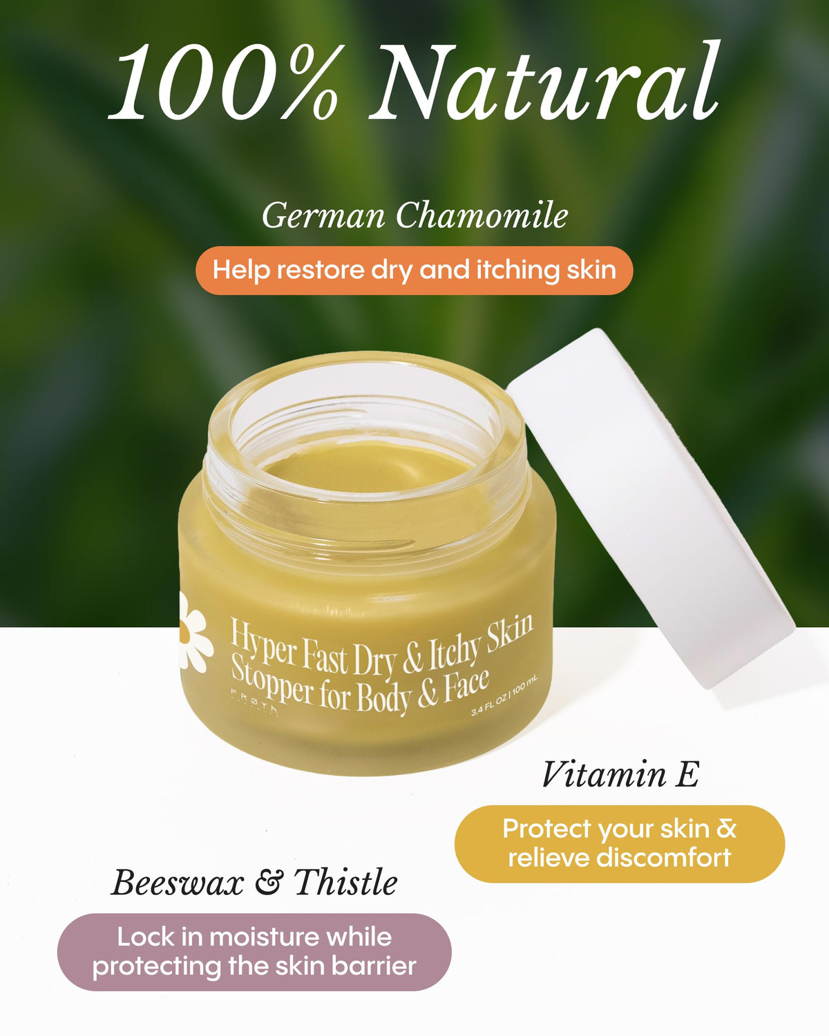 FRØYA applied to facial patch illustrating targeted soothing on sensitive skin