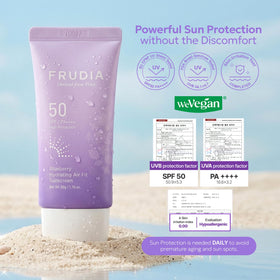 FRUDIA texture close-up of airy formula, highlights lightweight hydrating finish