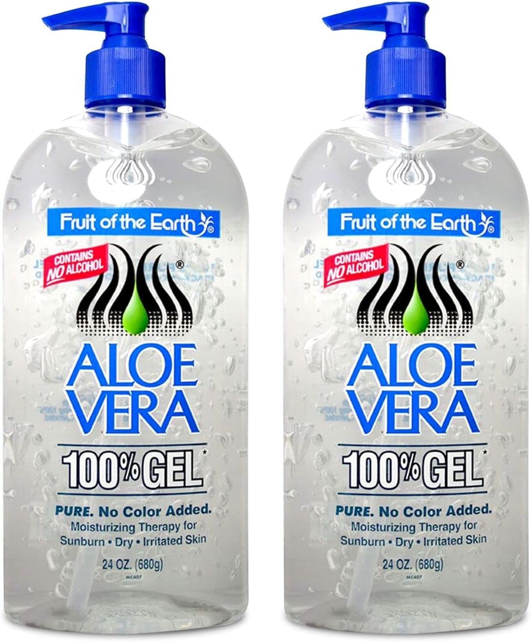 Fruit of the Earth aloe vera gel front view showing label and 24 oz size, calming relief