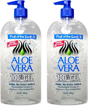 Fruit of the Earth aloe vera gel front view showing label and 24 oz size, calming relief