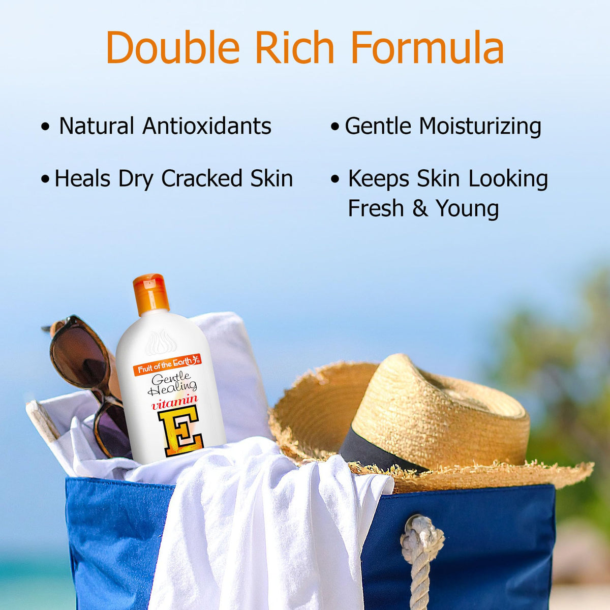 Fruit of the Earth lotion spread on skin demonstrating quick absorption benefit