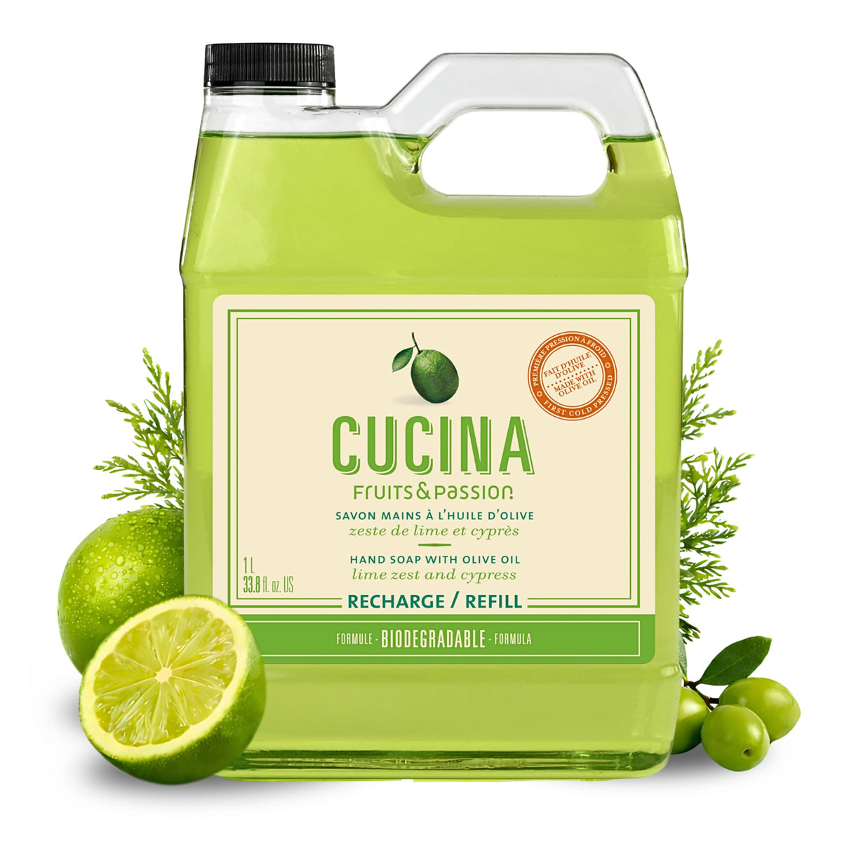 Fruits and Passion front label showing Lime Zest & Cypress scent and size benefit