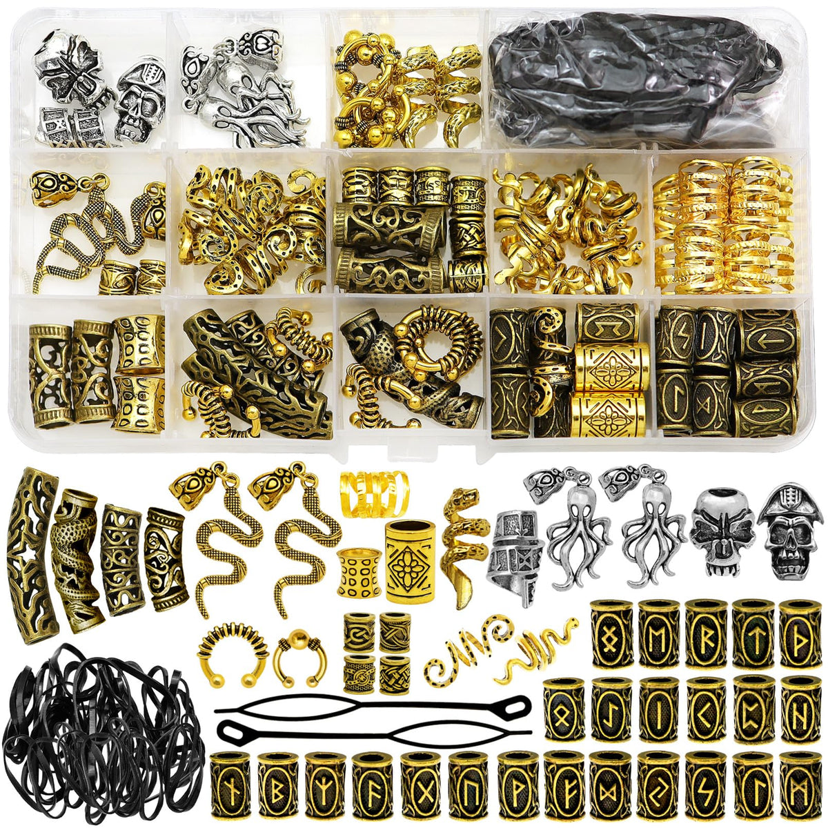 Fscwlmon clear storage box showing organized Viking hair accessories for quick selection