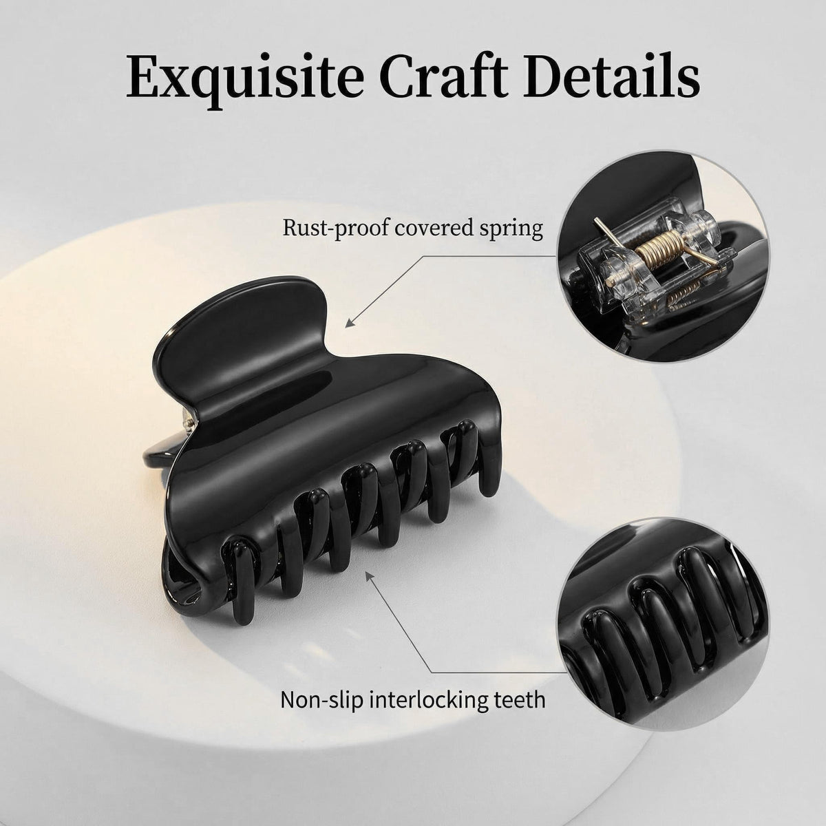 Fsmiling black clip placed on wooden vanity showing elegant, durable finish