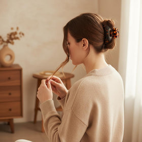 Fsmiling clip securing long hair demonstrating firm all-day hold