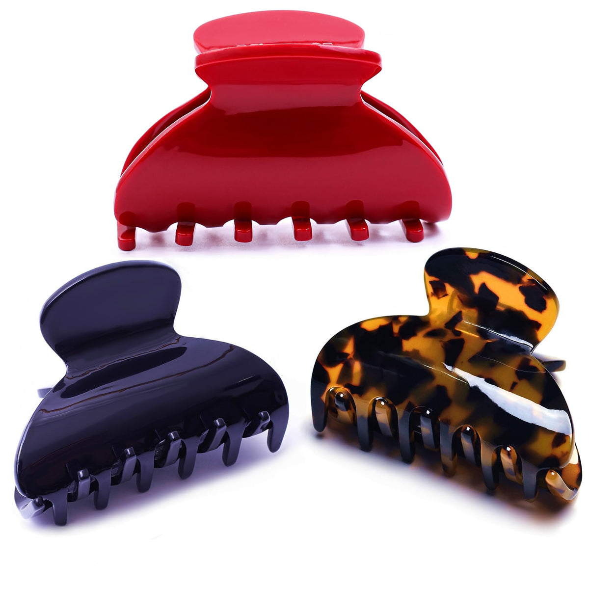 Fsmiling front view of three-color clip set showing colors and size benefit
