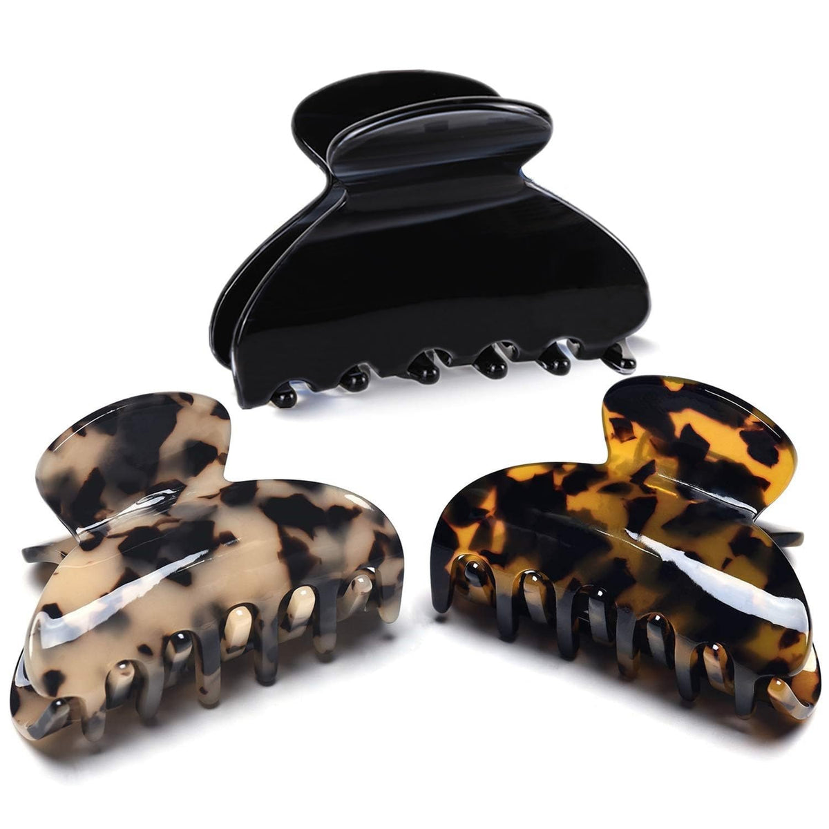 Fsmiling front view of three tortoise and leopard clips shows stylish pack and versatility