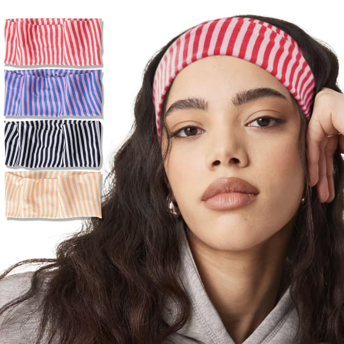Fszsaa front view of four striped headbands showing variety and convenience