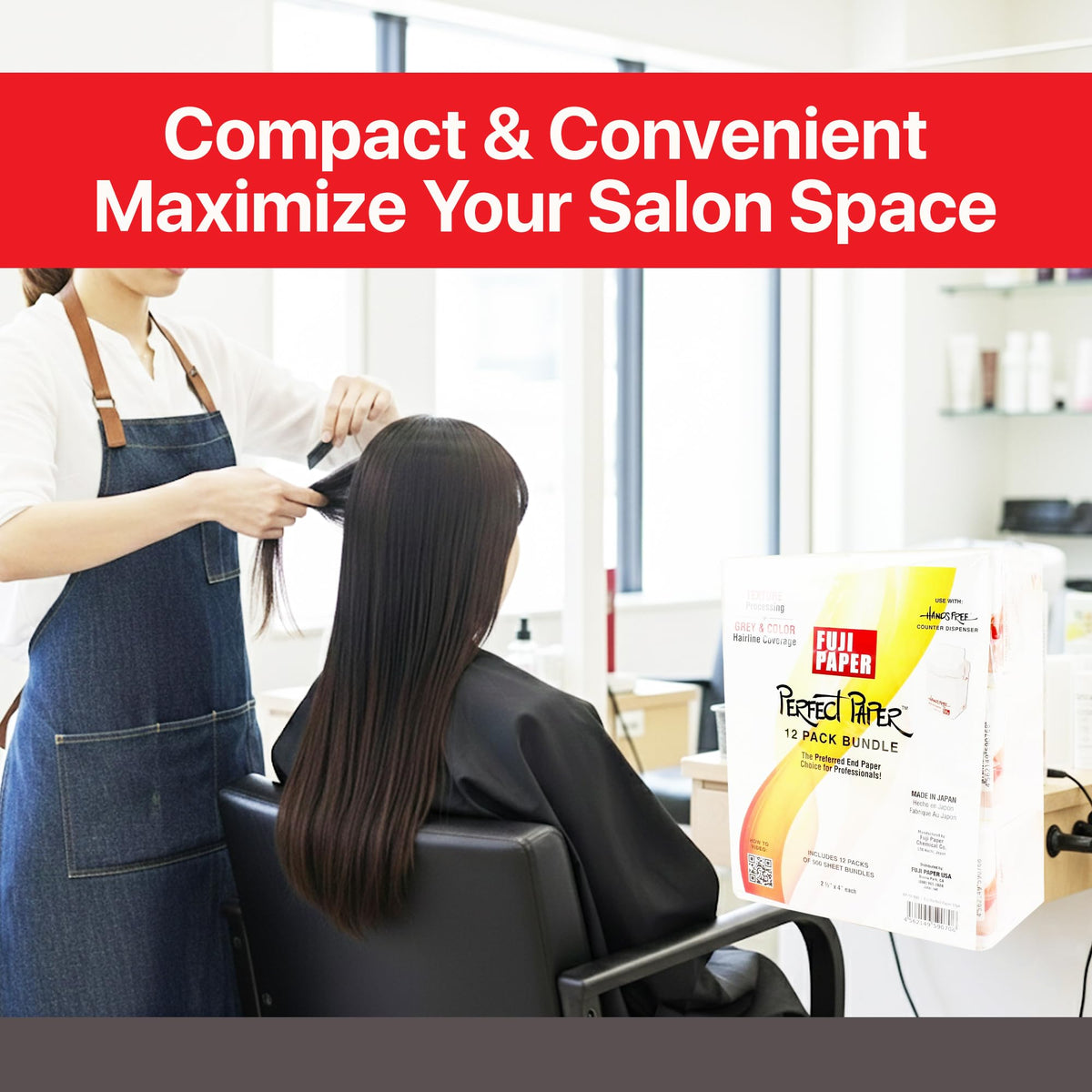 FUJI in-studio stylist using sheets to speed perm and color services