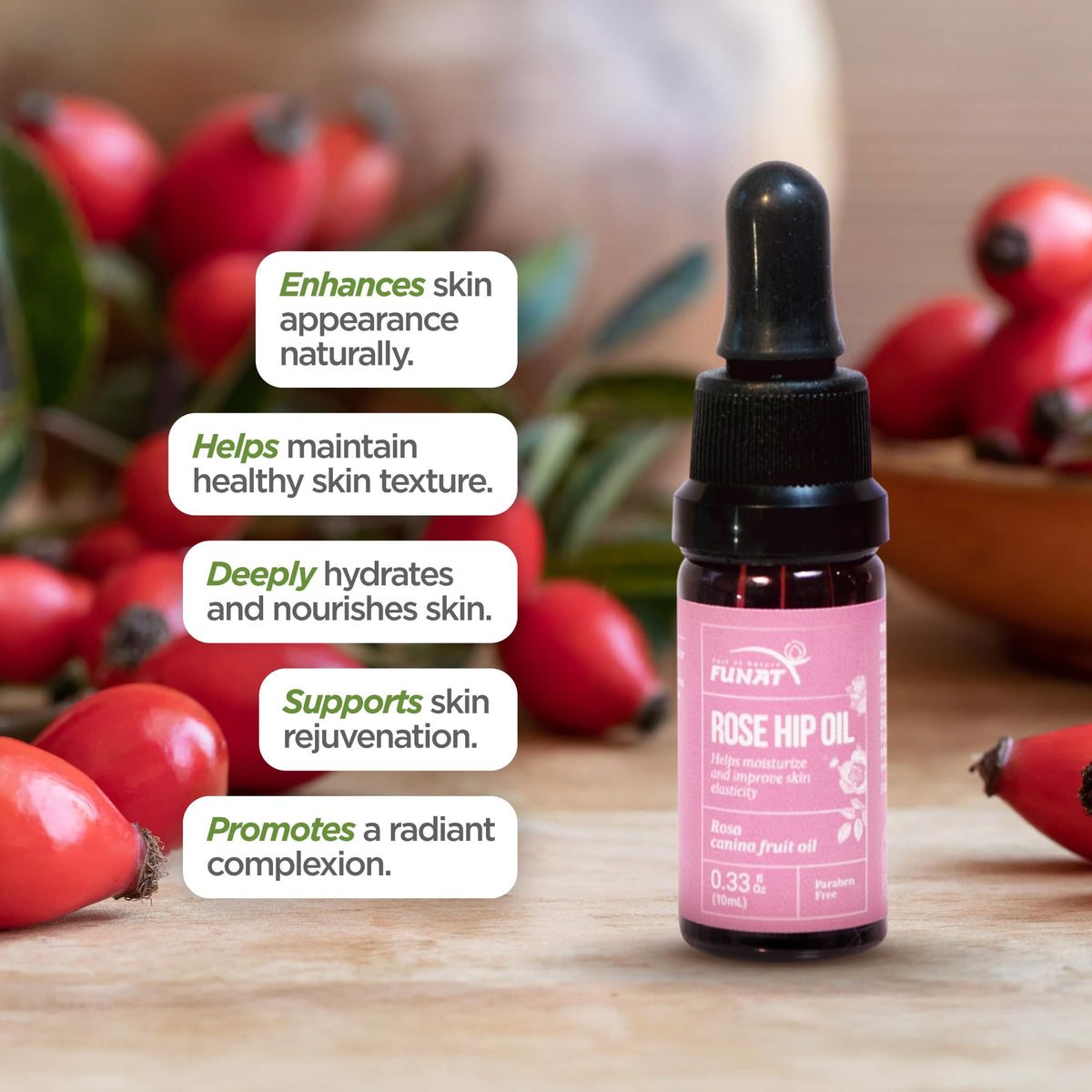 FULL OF NATURE FUNAT glass dropper dispensing rosehip oil, precise application benefit
