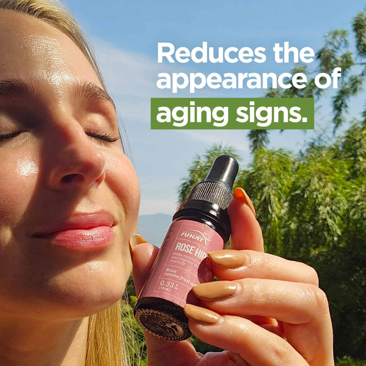 FULL OF NATURE FUNAT oil beside skincare products in bathroom, easy routine addition
