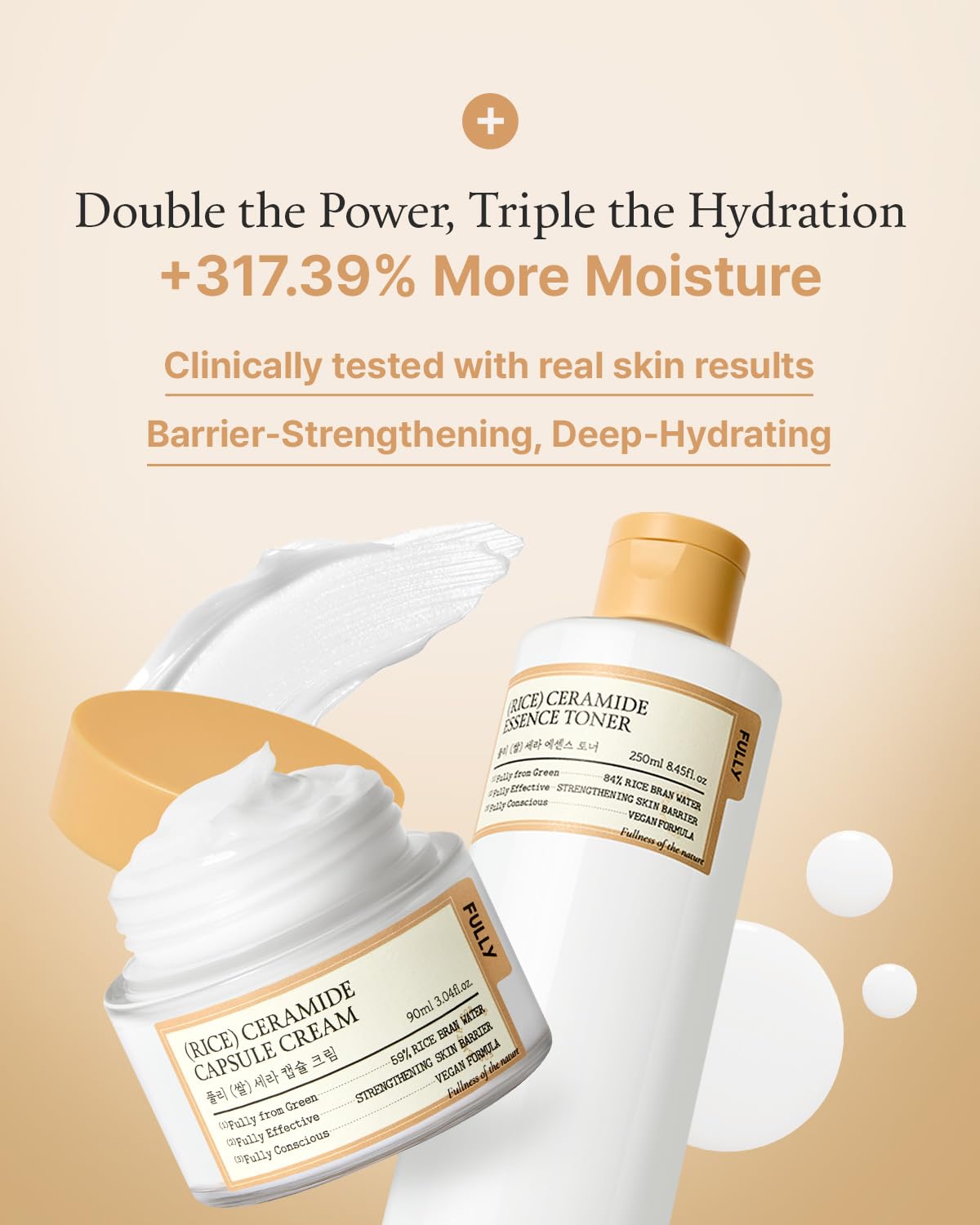 FULLY rice water ingredient detail highlighting hydration and long-lasting moisture benefits