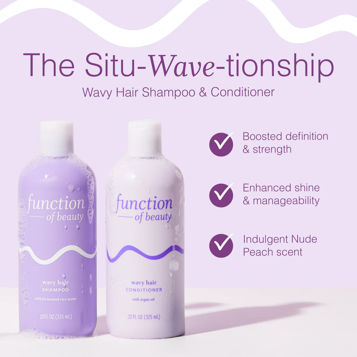 Function of Beauty label close-up revealing product name and wavy-specific benefits