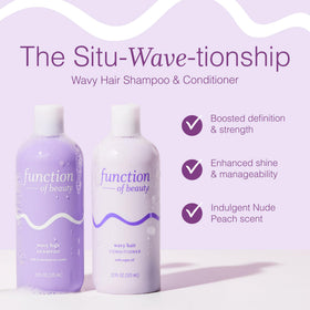Function of Beauty label close-up revealing product name and wavy-specific benefits