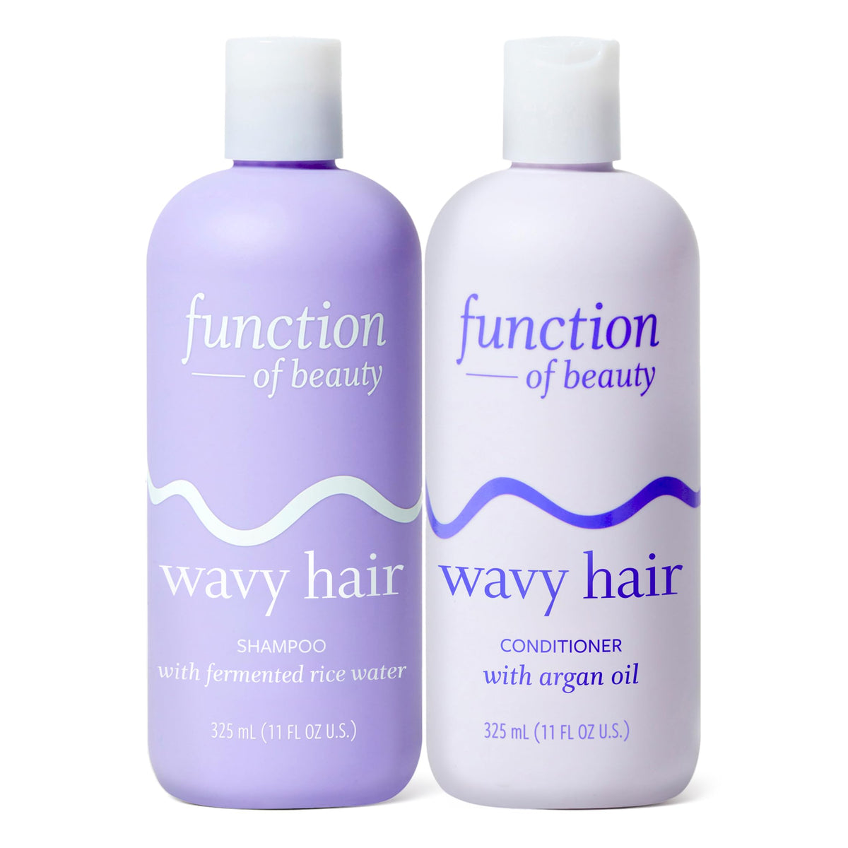 Function of Beauty front packaging of wavy shampoo and conditioner showing clean design and benefits