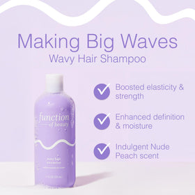 Function of Beauty label and pump close-up highlighting clean formula
