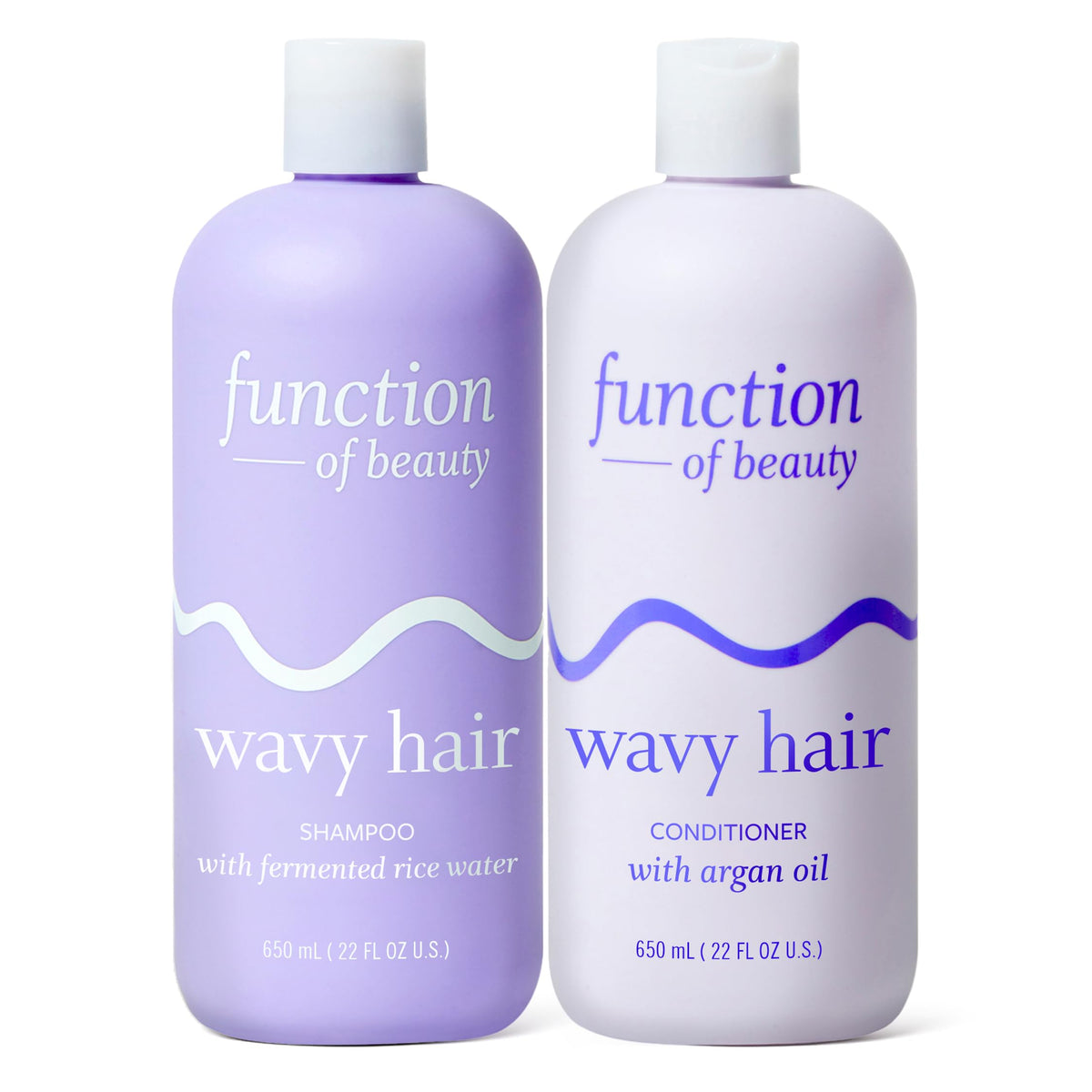 Function of Beauty front-packaging shows XL wavy shampoo and conditioner, highlighting value