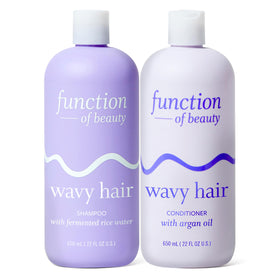 Function of Beauty front-packaging shows XL wavy shampoo and conditioner, highlighting value