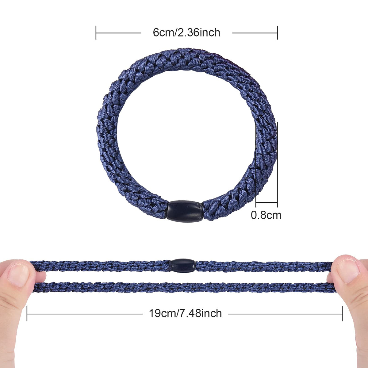 Funtopia hair tie on wrist beside ruler showing stretch and size for scale