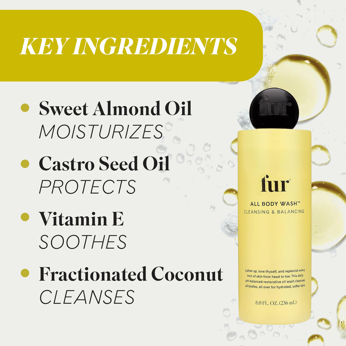 Fur bottle beside common items showing 8 fl oz scale and portability