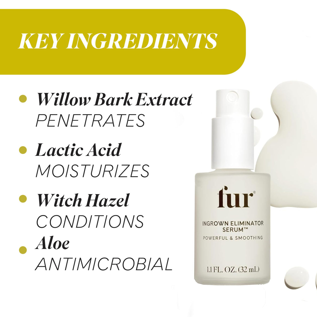 Fur back label closeup highlighting ingredients like lactic acid, willow bark, aloe vera