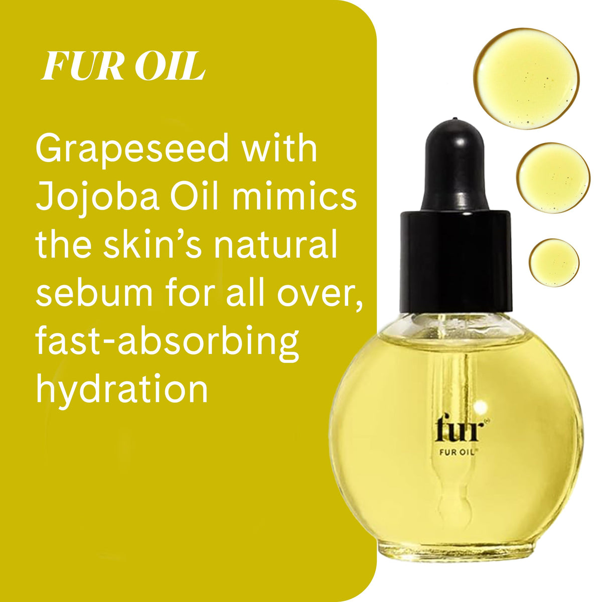 Fur oil droplet on skin demonstrating lightweight hydration without greasiness