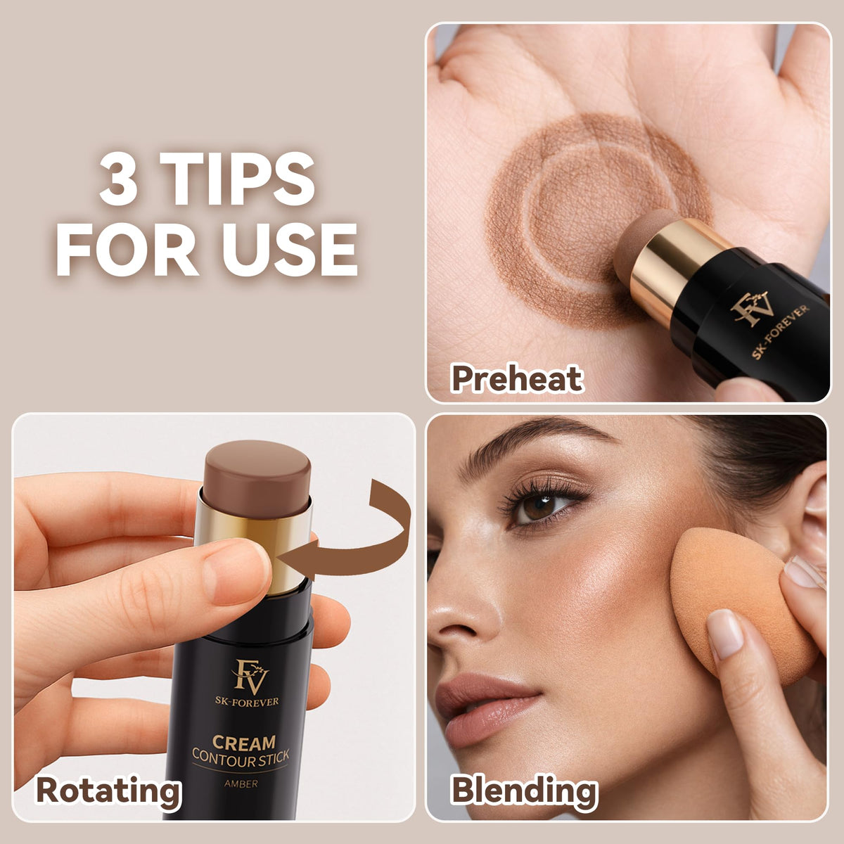 FV contour stick with brush and sponges suggesting tools for seamless blending
