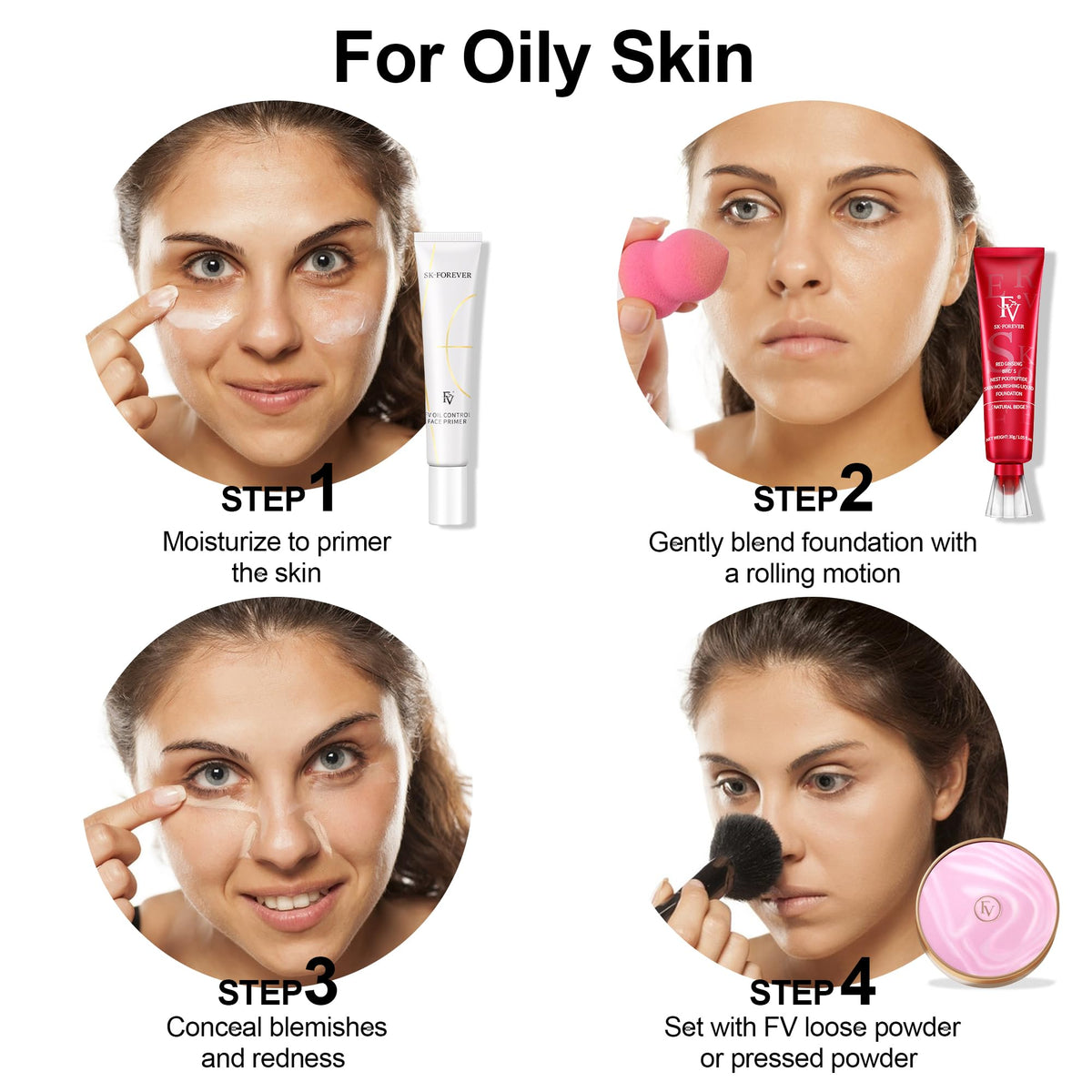 FV applying foundation in mirror illustrating flawless matte finish