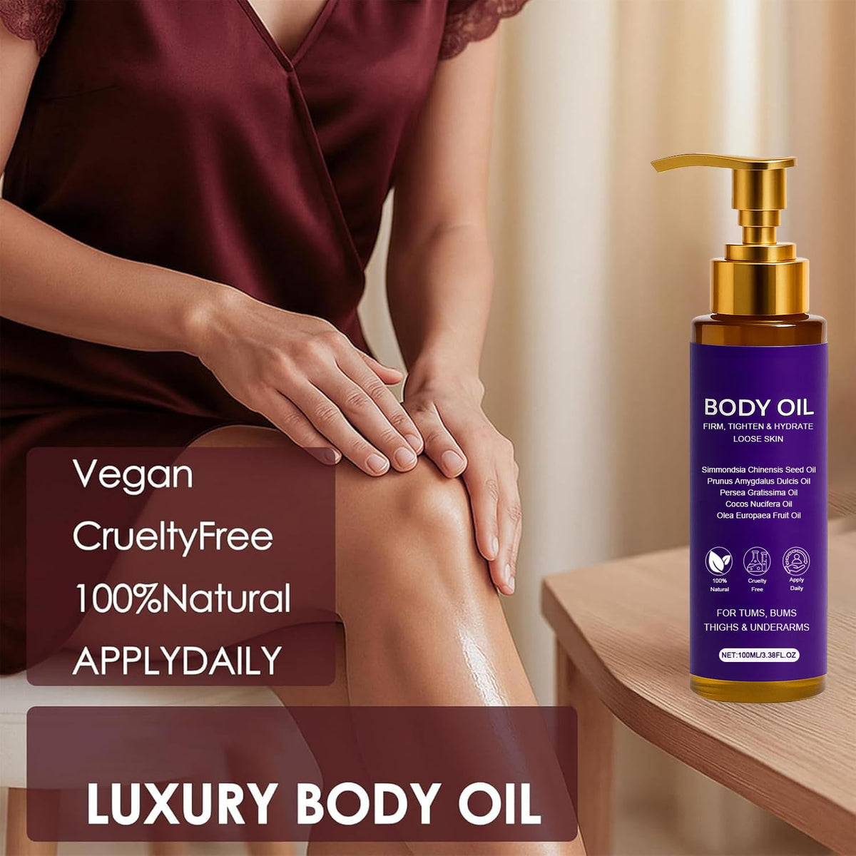 FWPTEI applying body firming oil on legs for deep hydration benefit