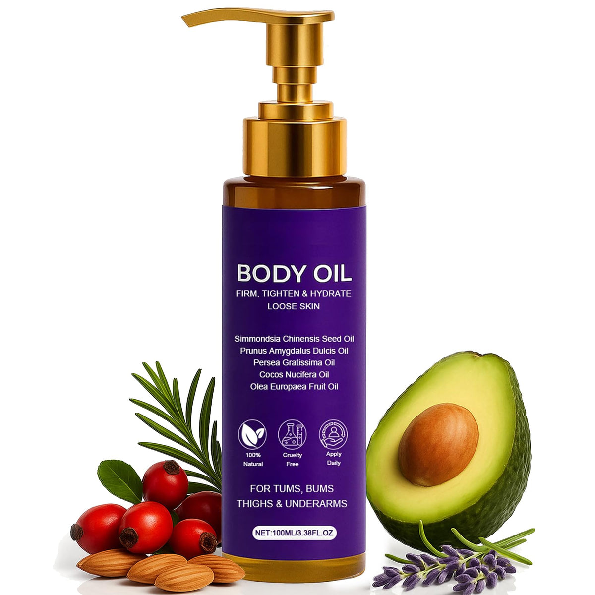 FWPTEI front packaging of body firming oil shows elegant bottle and benefits