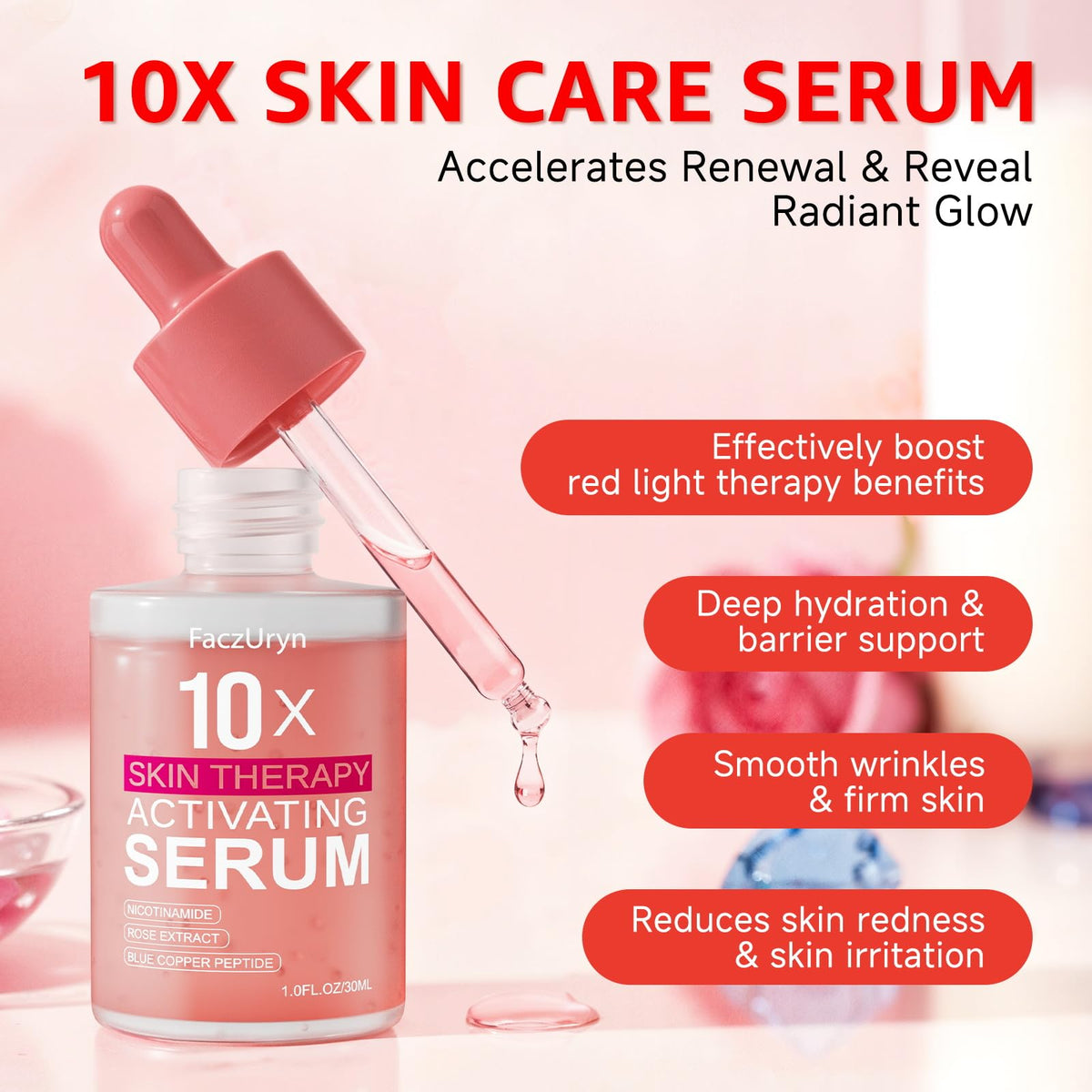 Fymiox applied on model face before red light session enhancing treatment readiness