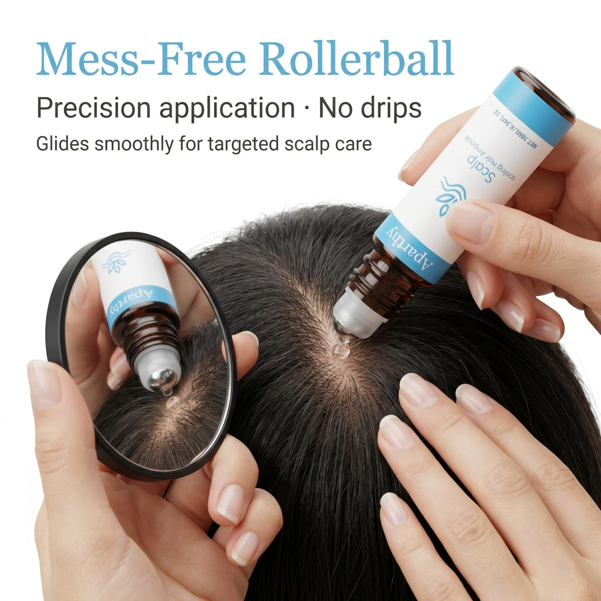 FYRKOA Aparthy being applied to scalp highlighting targeted coverage benefit
