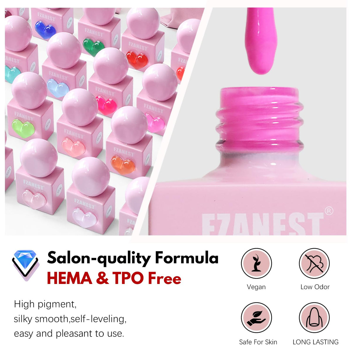 FZANEST base and no-wipe top coat labels highlighting durable adhesion and glossy seal