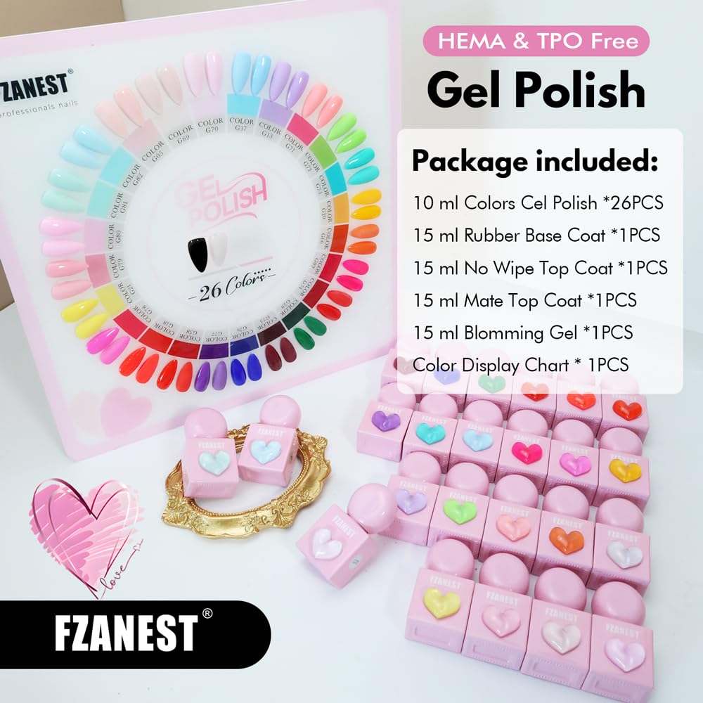 FZANEST flatlay of 26 color swatches demonstrating shade range for seasonal looks