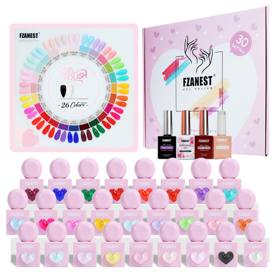 FZANEST front view of pink heart-shaped bottles showing colorful gel set benefits quick selection