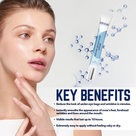 FZBYYLSRG application under eye with fingertip demonstrating gentle tapping benefit