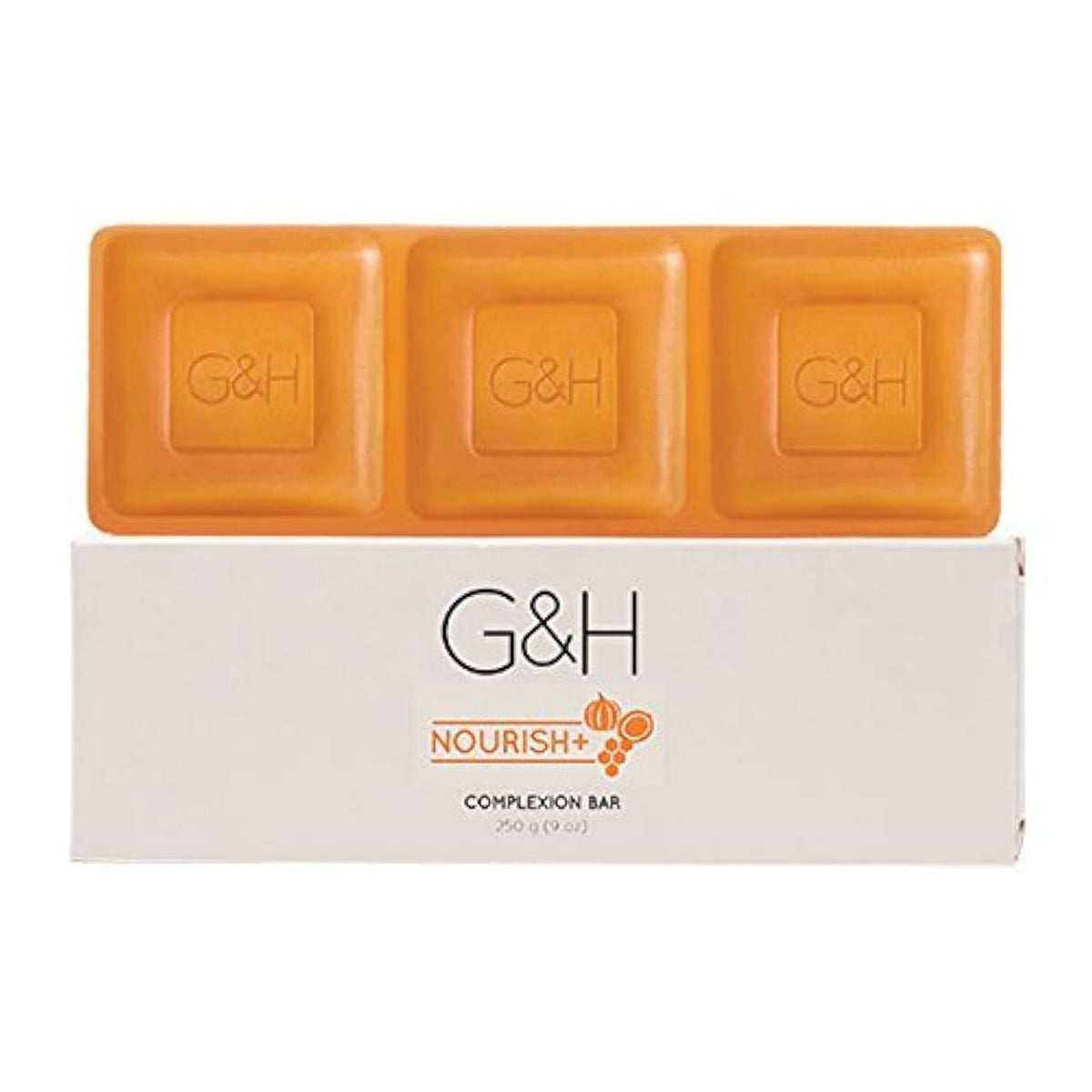 G&H Nourish+ front packaging showing the golden translucent bar and brand benefit