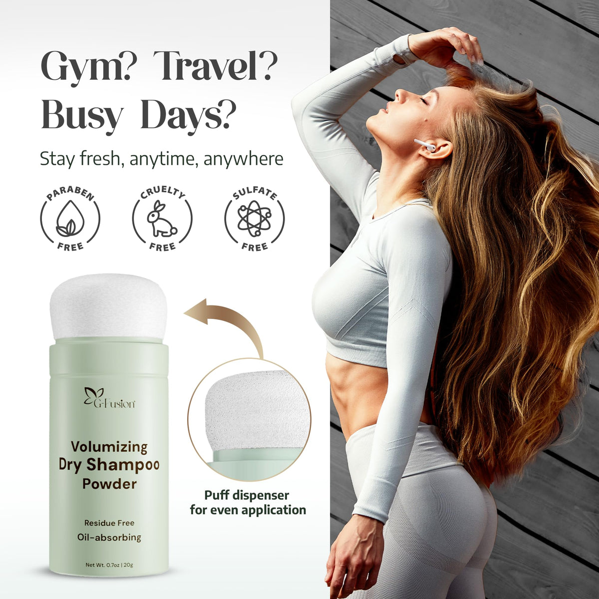 G-Fusion in a travel bag lifestyle shot for post-workout touch-ups