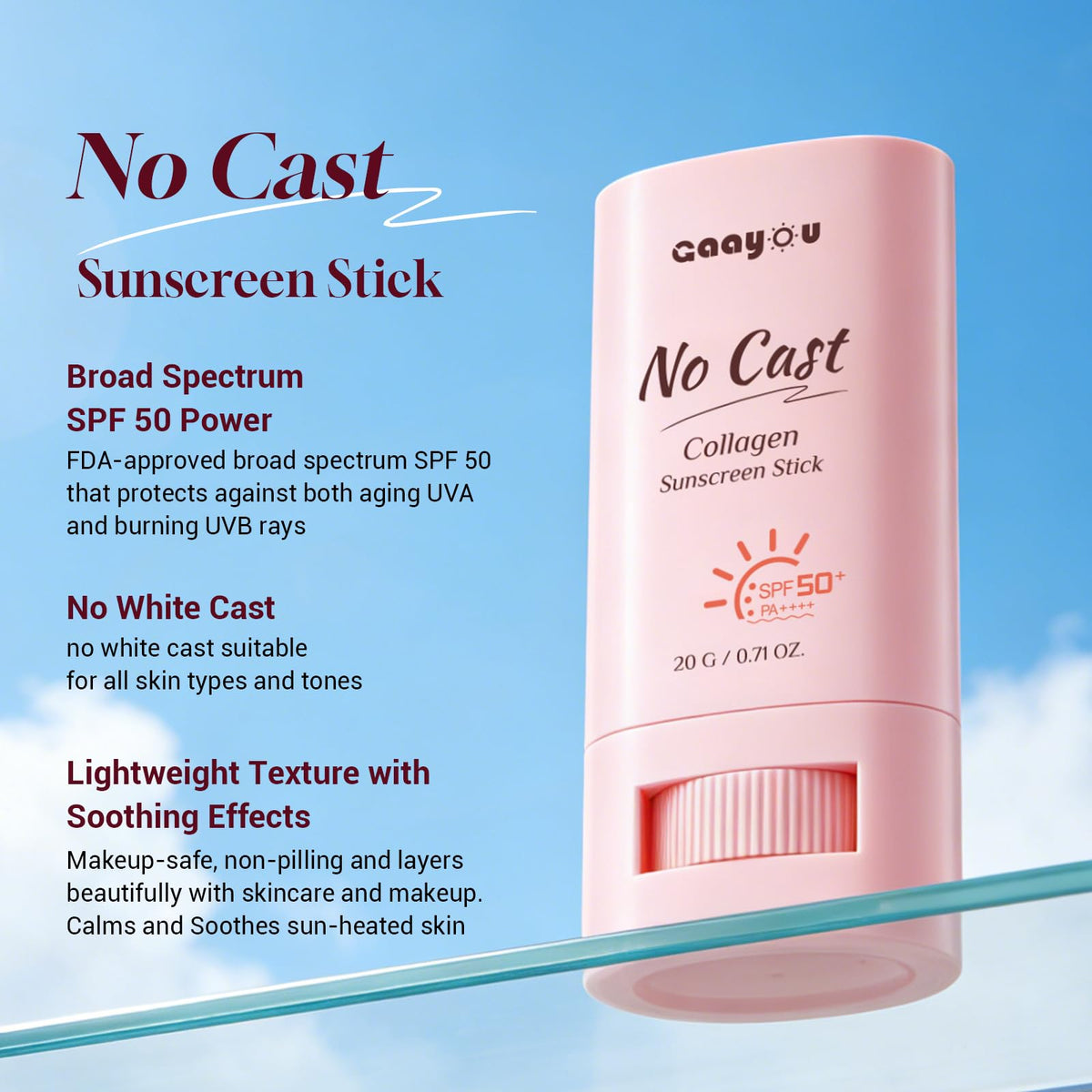 Gaayou sunscreen stick applied to cheek demonstrating no white cast and easy glide