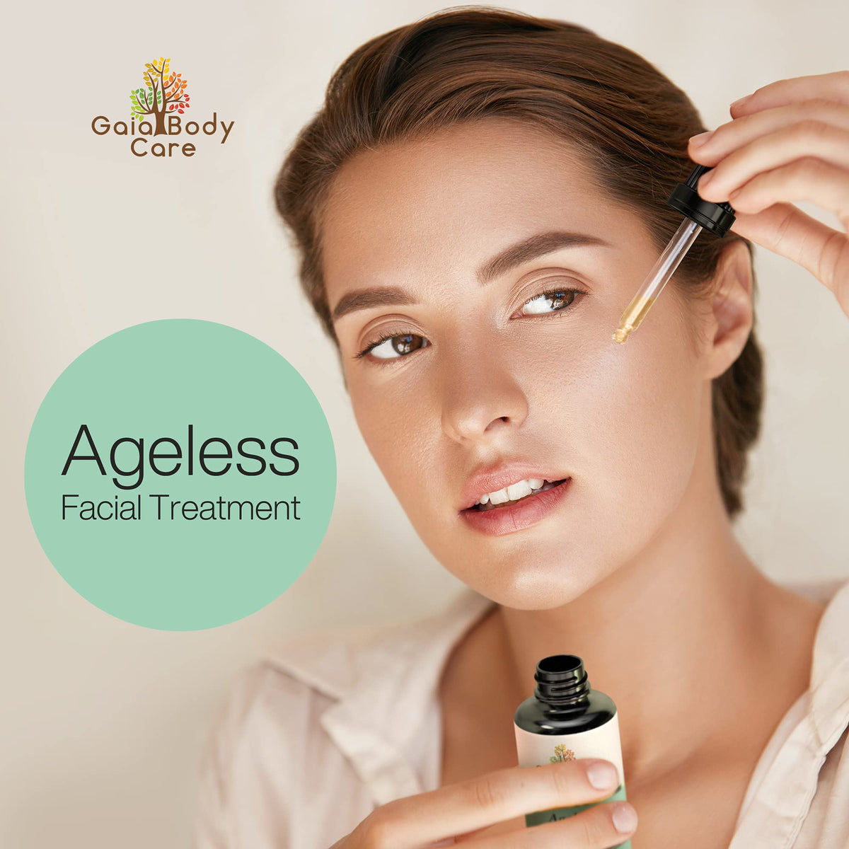 Gaia Body Care applying oil to cheek demonstrating hydration and smoothing