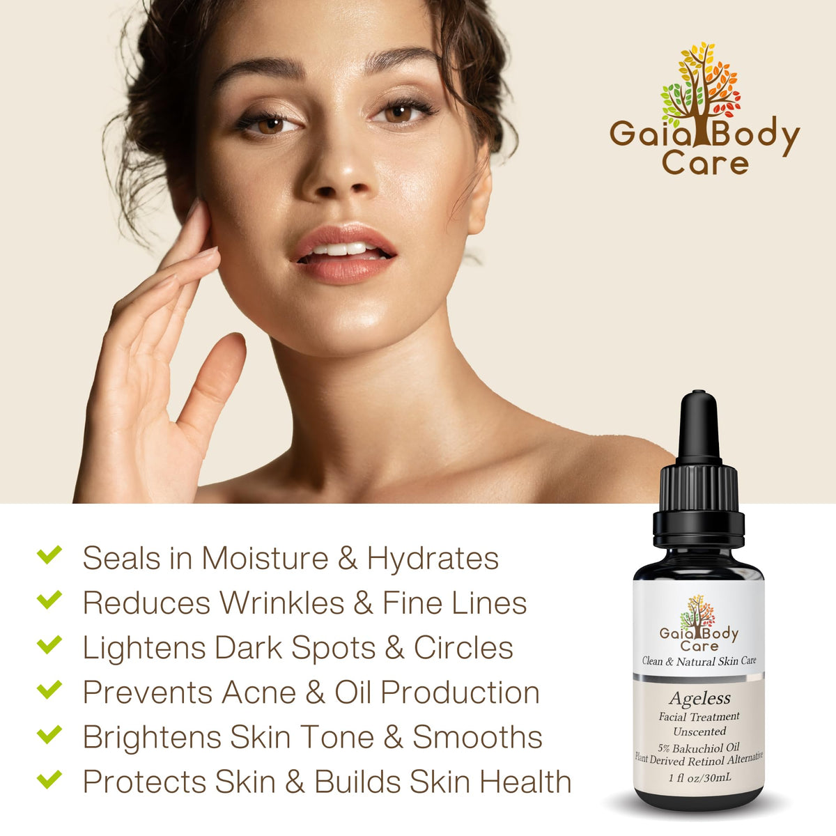 Gaia Body Care ingredient bottles and botanicals highlighting organic plant-based benefits