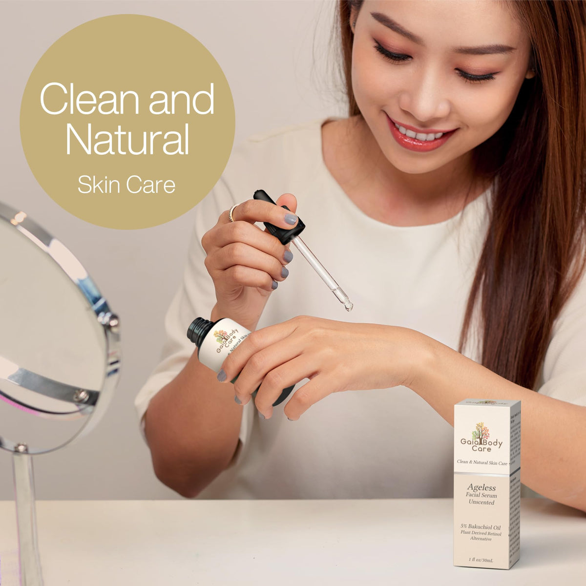 Gaia Body Care bottle on bathroom vanity promoting daily routine simplicity and clean beauty